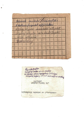 Két kézzel írt papírlap különböző szövegekkel, jegyzetekkel és feliratokkal.