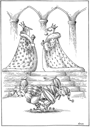 Két király ül a trónon, előttük két udvari bolond hajlong. Középkori jelenet.