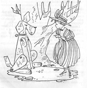 Kislány beszélget egy kutyával, amelynek faágakból készült agancsai vannak Rajzolt jelenet, ahol egy kislány kalapban beszélget egy kutyával, amelynek faágakból készült agancsai vannak, egy fa előtt állva.