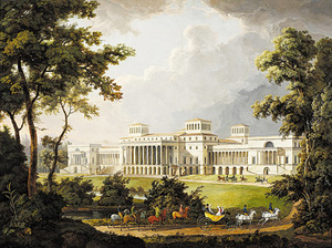 Klasszicista stílusú kastély, előtte lovasok és hintó, parkosított környezetben.