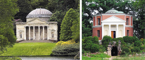 Két klasszikus stílusú épület parkos környezetben, kupolával és oszlopokkal.