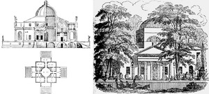 Két építészeti rajz és egy épület metszete klasszikus stílusban, kupolával és oszlopokkal.