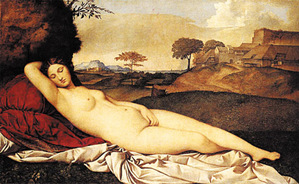 Klasszikus festmény, amely egy meztelen női alakot ábrázol tájképi háttér előtt.