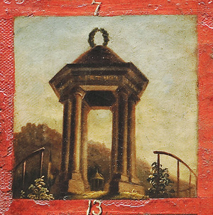 Klasszikus stílusú pavilon oszlopokkal és babérkoszorúval, körülötte növényzet és dombos táj.