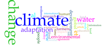 Szófelhő a klímaváltozással kapcsolatos kulcsszavakkal, mint például klíma, változás, víz, globális.