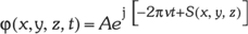 Matematikai képlet komplex hullámfüggvény leírására, φ(x, y, z, t) = A e^{j[-2πνt + S(x, y, z)]}