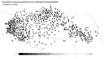 Korreláció a konzonantizmus és földrajzi távolság között Térkép a konzonantizmus és földrajzi távolság közötti korrelációról, színskálával jelölve.
