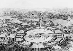 Kör alakú város terv, 19. századi ideális város koncepció, központi tér és sugárirányú utak.