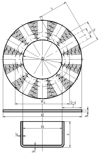 Műszaki rajz kör alakú alkatrész keresztmetszetével és méreteivel.