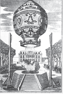 Korabeli léggömb repülése egy épület előtt Korabeli léggömb emelkedik a levegőbe egy épület előtt, emberek figyelik az eseményt.