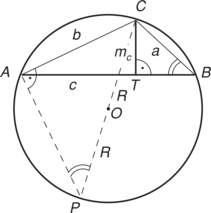 Geometriai ábra: körbe írt háromszög jelölésekkel, pontok és szögek.