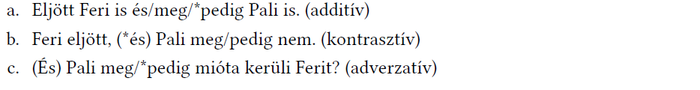 Három mondat kötőszóhasználattal: additív, kontrasztív, adverzatív példák.