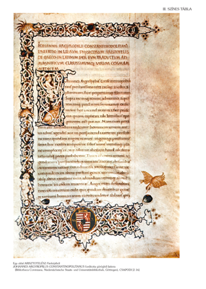 Középkori kézirat oldal Arisztotelész Fizikájából, Johannes Argyropulus fordítása, gazdagon díszített illusztrációkkal.