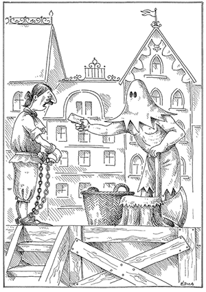 Középkori kivégzés jelenete, ahol a hóhér egy papírt ad át a láncra vert rabnak, háttérben épületek.