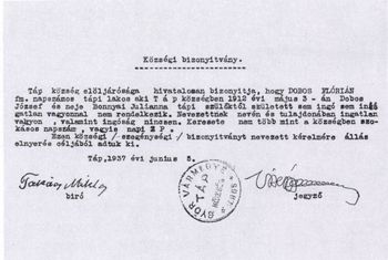 Községi bizonyítvány Dobos Elórián részére, 1937 1937-es községi bizonyítvány Dobos Elórián szegénységi helyzetéről, Táp község.