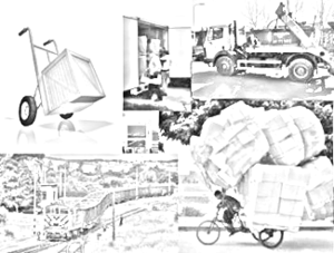 Különböző szállítási módok kézikocsival, teherautóval, kerékpárral és vonattal Különböző szállítási módok: kézikocsi, teherautó, kerékpár és vonat, logisztikai megoldások.