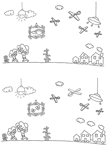 Különbségkereső rajz fák, házak és repülő tárgyakkal Két hasonló rajz különbségekkel, fák, házak, repülő tárgyak és felhők láthatók.