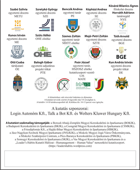 Kutatási projekt résztvevői és támogatói, egyetemi oktatók, intézmények logói, szponzorok és támogatók.