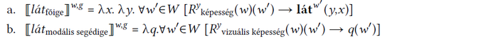 Két matematikai kifejezés a 'lát' főige és modális segédige jelentéséről, lambda kalkulus formában.