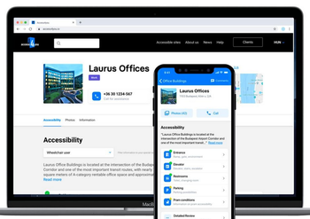 Laurus Offices weboldal és mobilalkalmazás felülete Laurus Offices weboldal és mobilalkalmazás felülete, amely az irodaház elérhetőségét és hozzáférhetőségét mutatja be.