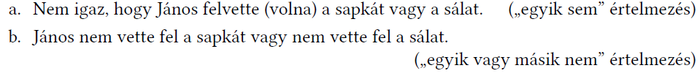 Két logikai állítás János sapka és sál viseléséről, különböző értelmezésekkel.