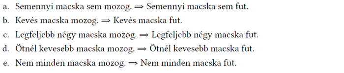 Logikai állítások macskák mozgásáról és futásáról, különböző mennyiségekkel.