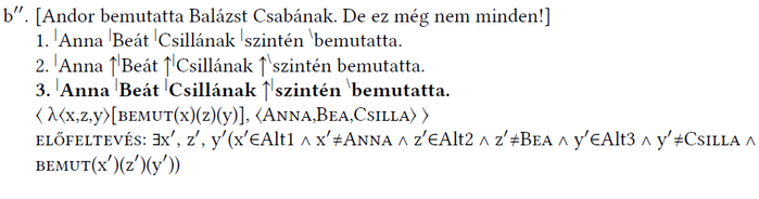 Logikai kifejezés és jelmagyarázat a bemutatás cselekvésének modellezésére, Anna, Bea, Csilla.