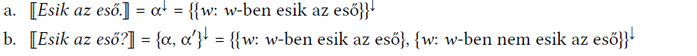 Logikai kifejezések és értelmezések az eső eséséről különböző világokban, állítás és kérdés formájában.
