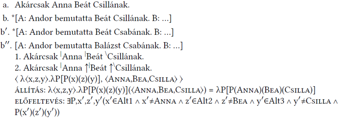 Logikai és nyelvészeti kifejezések különböző mondatok és állítások formájában, jelmagyarázattal.