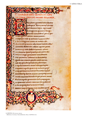 Lucretius 'De rerum natura' középkori kézirat kezdő oldala, gazdagon díszített iniciálékkal és ornamentikával.