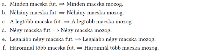 Különböző állítások macskák futásáról és mozgásáról, példák: minden macska fut, néhány macska fut.