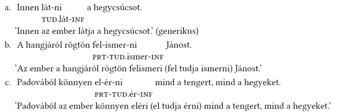 Három magyar mondat az infinitívusz használatával, különböző kontextusokban, jelmagyarázattal.