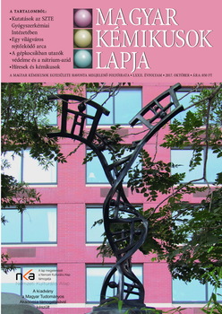Magyar Kémikusok Lapja folyóirat borítója, DNS szobor egy épület előtt, 2017 október