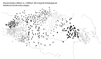 Magyar nyelvjárások dialektometriai elemzése klasztertérképen Klasztertérkép a magyar nyelvjárások dialektometriai elemzéséről, különböző színű pontokkal Magyarország térképén.
