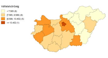 Magyarország térképe, amely a vállalatsűrűséget mutatja különböző színárnyalatokkal.