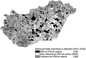 Térkép Magyarországról, amely az ATM-ek számának változását mutatja 2014 és 2018 között.