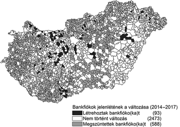 Térkép Magyarország bankfiókjainak változásairól 2014-2017 között, jelmagyarázattal.