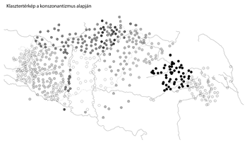 Magyarország térképe különböző régiókkal, konzonantizmus alapján klaszterekkel jelölve.