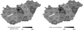 Magyarország térképe, megyék hatósági bizonyítvány igénylők száma és 2018-as orvoslétszám adatokkal.