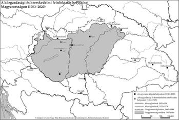 Térkép a közgazdasági és kereskedelmi felsőoktatás helyszíneiről Magyarországon 1763-2020 között, különböző időszakok határaival.