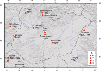 Térkép Magyarország és környező területek földrengéseiről különböző időpontokban, jelmagyarázattal.