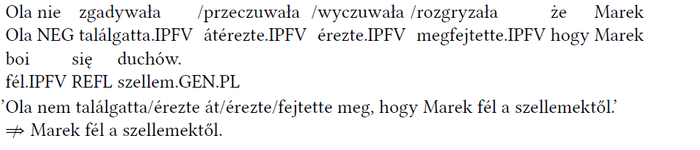 Lengyel mondat és magyar fordítása Marek szellemekkel kapcsolatos félelméről, Ola nem találgatta meg.