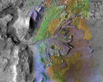 A Mars Jezero-kráterének delta területe, színes és fekete-fehér kép a Mars Reconnaissance Orbiter által.