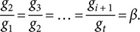 Matematikai kifejezés arányokkal és egyenlőséggel, g2/g1 = g3/g2 = ... = gi+1/gt = β.