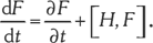 Matematikai egyenlet: dF/dt = ∂F/∂t + [H,F], derivált és parciális derivált kapcsolat.