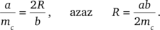Matematikai képletek: a/m_c = 2R/b, azaz R = ab/2m_c, kör sugara és háromszög oldalai közötti összefüggés.