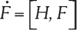 Matematikai kifejezés: F operátor kommutátora Matematikai kifejezés, amely a F operátort ábrázolja, és a H és F operátorok kommutátora.