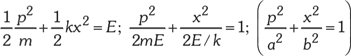 Matematikai kifejezések az energia és ellipszis egyenletéről Matematikai kifejezések, amelyek az energia és egy ellipszis egyenletét írják le, p^2 és x^2 szerepel.