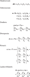 Matematikai kifejezések a skalárszorzat, vektorszorzat, gradiens, divergencia, rotáció és Laplace-kifejezés bemutatásával.