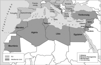 Térkép a Mediterrán Unió és az EU tagállamairól, beleértve Európa, Észak-Afrika és Közel-Kelet országait.